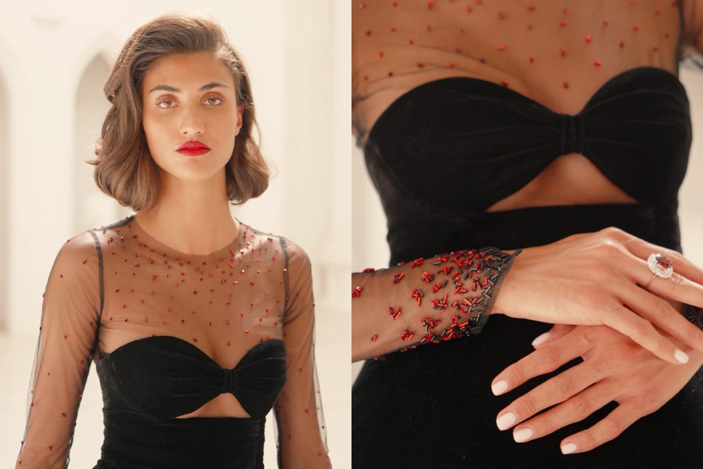 نمای نزدیک از تنبوردوزی روی لباس THEODORA برند OVA